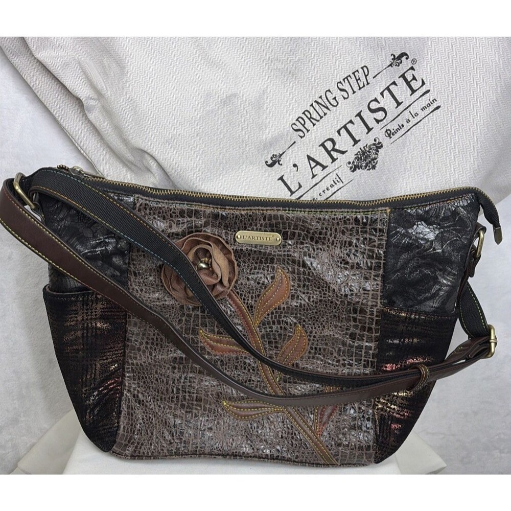 L'Artiste  Spring Step Purse Embossed Flower Embellished Browns